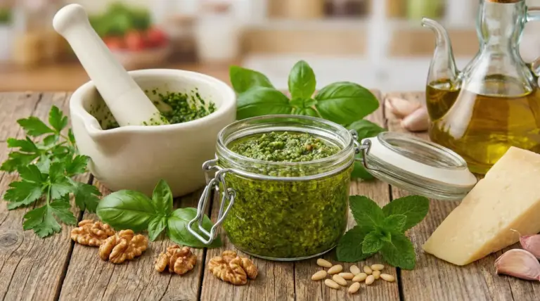 Un barattolo di pesto fatto in casa con ingredienti freschi su un tavolo rustico