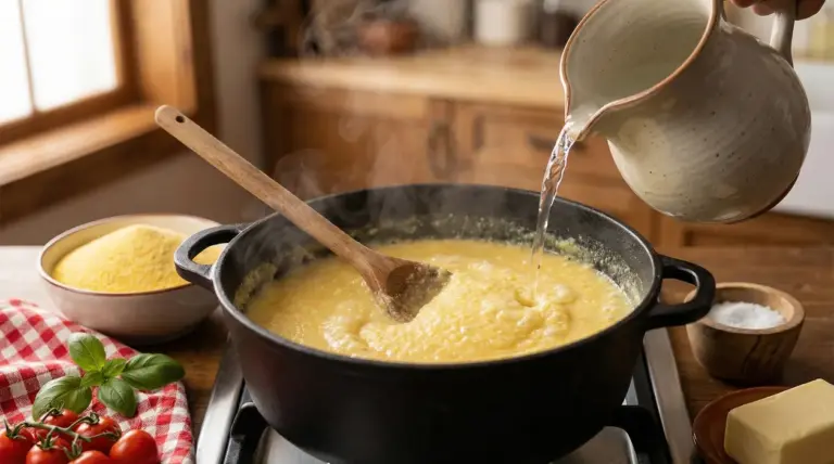 Preparazione della polenta in una pentola con acqua bollente e mestolo di legno
