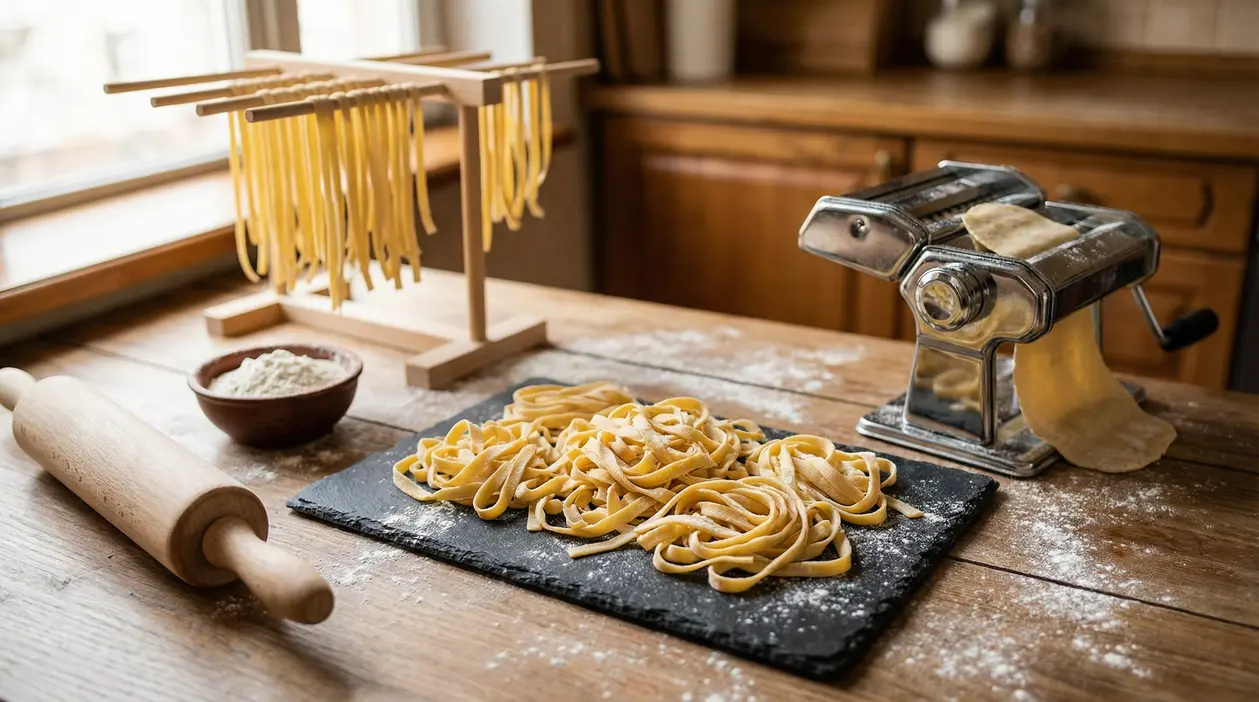 Pasta fresca fatta in casa su un tagliere con macchina per la pasta e mattarello