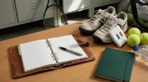 Scarpe da tennis, racchetta, palline e taccuino su un tavolo in uno spogliatoio