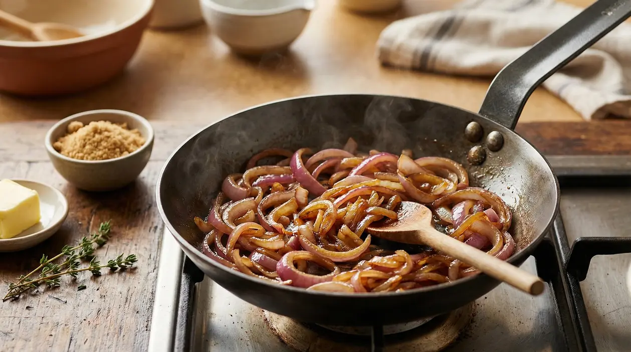 Cipolle rosse tagliate a rondelle che cuociono in padella con un cucchiaio di legno