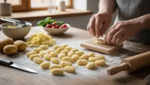 Mani che formano gnocchi di patate freschi su un piano infarinato con ingredienti freschi sullo sfondo