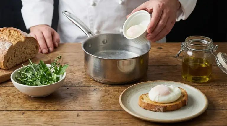 Una persona versa un uovo in camicia in una pentola con acqua calda su un piano da cucina in legno
