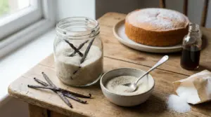 Zucchero vanigliato in barattolo con bacche di vaniglia, ciotola e dolce su tavolo in legno