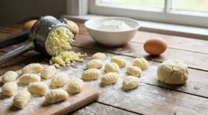 Gnocchi fatti in casa su un tavolo infarinato con ingredienti freschi