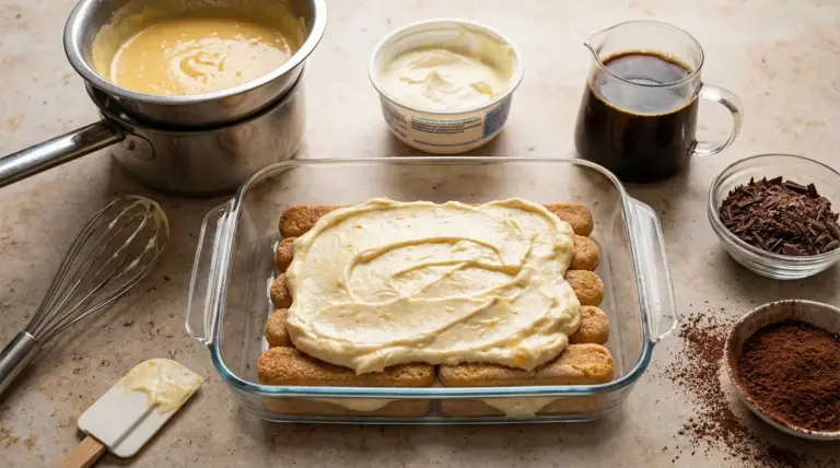 Preparazione del tiramisù con crema pastorizzata e savoiardi in una teglia di vetro