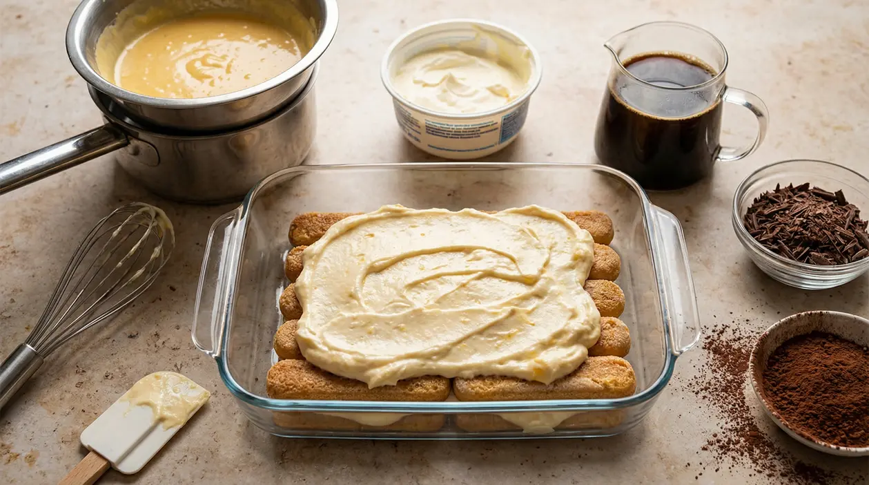 Preparazione del tiramisù con crema pastorizzata e savoiardi in una teglia di vetro