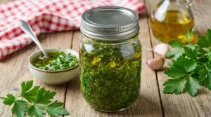 Barattolo di prezzemolo sott’olio con foglie fresche, aglio e olio su tavolo di legno