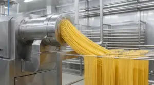 Macchinario industriale che produce spaghetti freschi in uno stabilimento di pasta