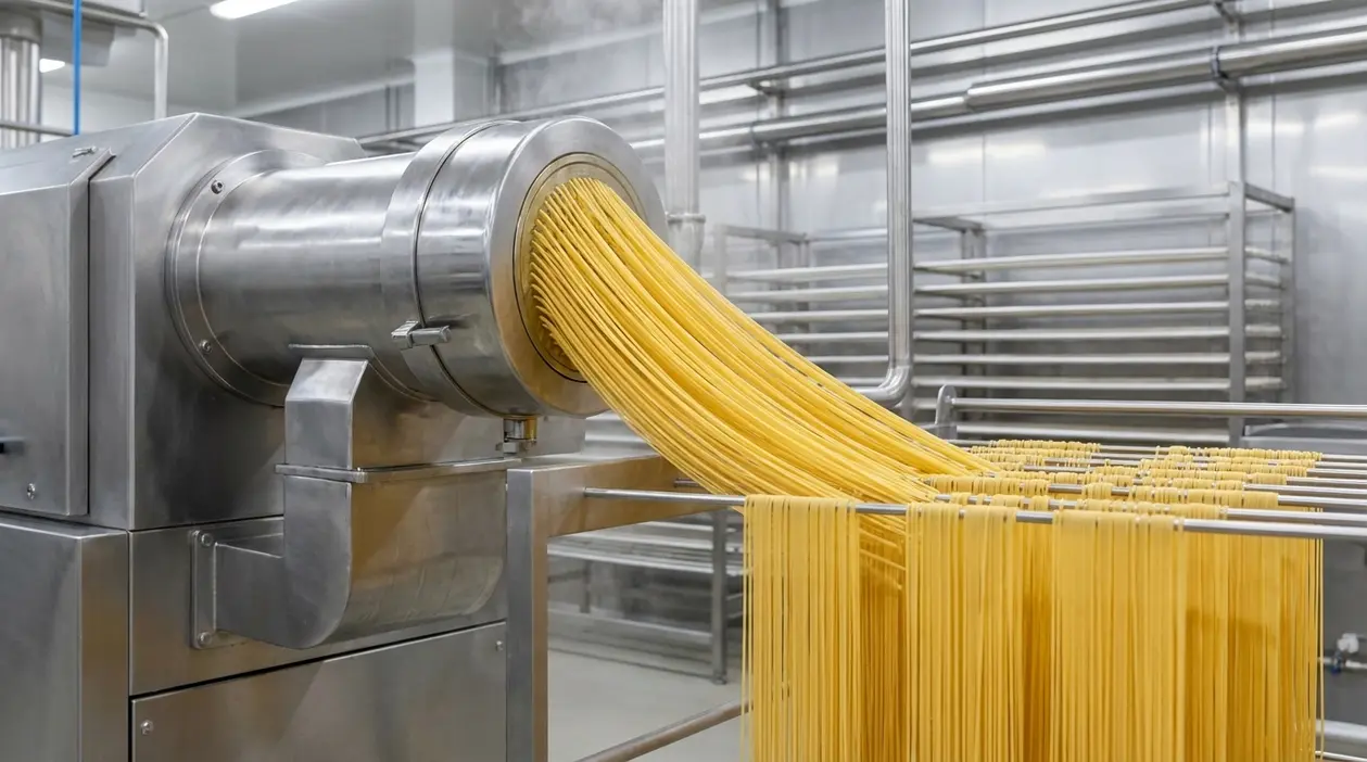 Macchinario industriale che produce spaghetti freschi in uno stabilimento di pasta