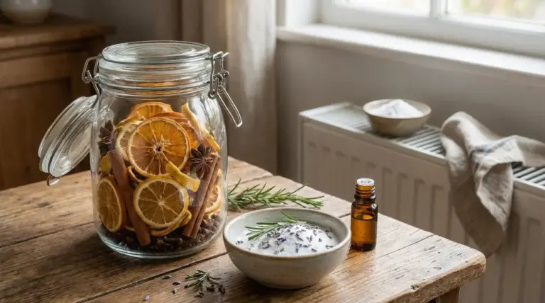 Barattolo con agrumi essiccati, bastoncini di cannella e spezie su un tavolo di legno