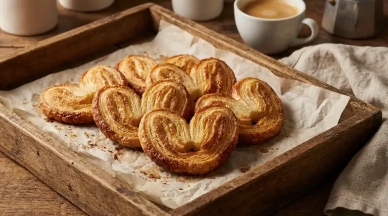 Prussiane di pasta sfoglia appena sfornate su vassoio con carta forno, accanto a una tazza di caffè