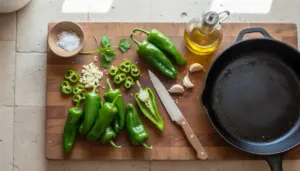Peperoni friggitelli su tagliere con coltello, aglio, sale, olio e padella pronta per la cottura
