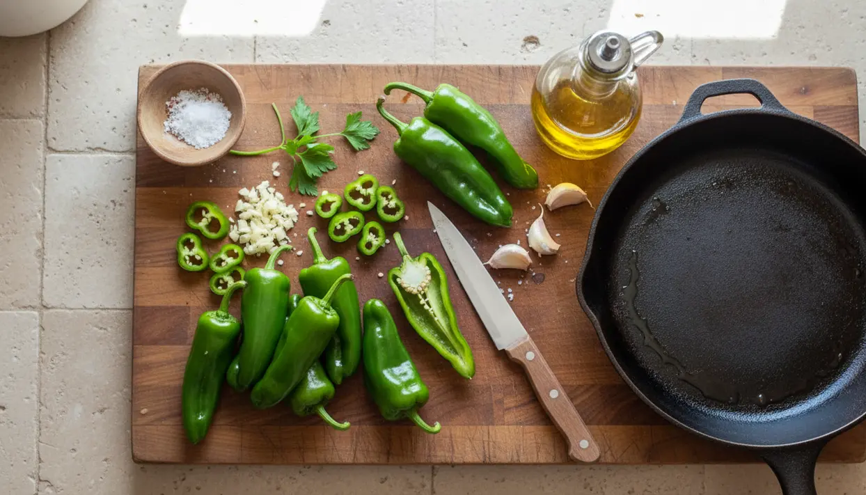 Peperoni friggitelli su tagliere con coltello, aglio, sale, olio e padella pronta per la cottura