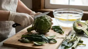 Una persona taglia un carciofo su un tagliere accanto a una ciotola d'acqua con limone