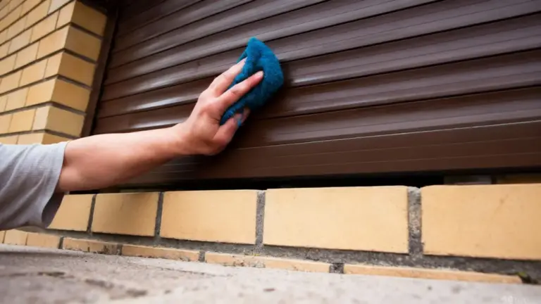 Una mano pulisce una tapparella marrone con un panno blu