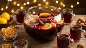 Grande ciotola di punch natalizio fatto in casa con agrumi, mirtilli rossi e spezie, servito in tazze di vetro