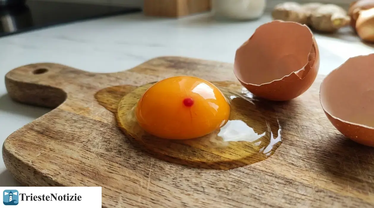 Tuorlo d’uovo crudo su tagliere con puntino rosso e guscio rotto accanto