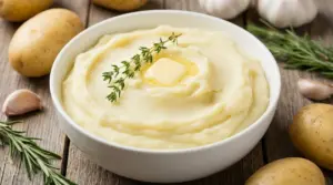 Ciotola di purè di patate cremoso con burro fuso e timo, con patate e aromi sullo sfondo