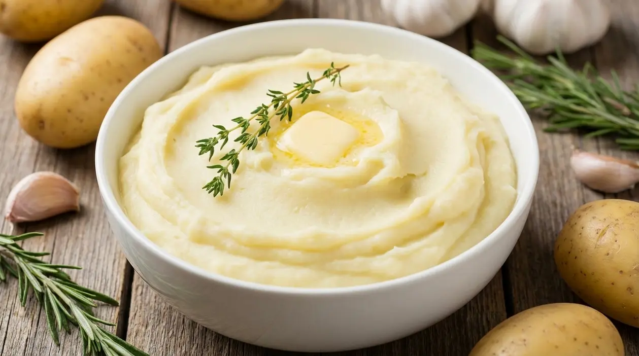 Ciotola di purè di patate cremoso con burro fuso e timo, con patate e aromi sullo sfondo