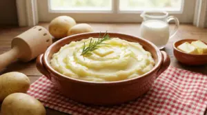 Purè di patate cremoso in una ciotola di terracotta con burro e rosmarino