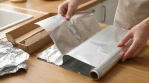 Una persona srotola un foglio di carta stagnola su un piano da cucina