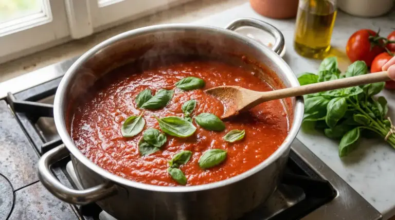 Pentola di sugo di pomodoro sul fuoco con foglie di basilico fresco aggiunte in cottura