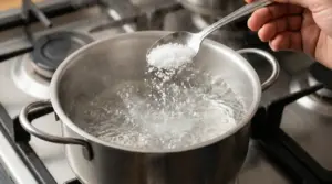 Cucchiaio che versa sale in una pentola d’acqua in ebollizione sul fornello