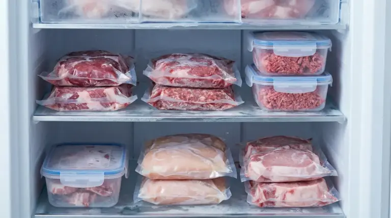 Diversi tagli di carne e carne macinata conservati nel congelatore in sacchetti sottovuoto e contenitori