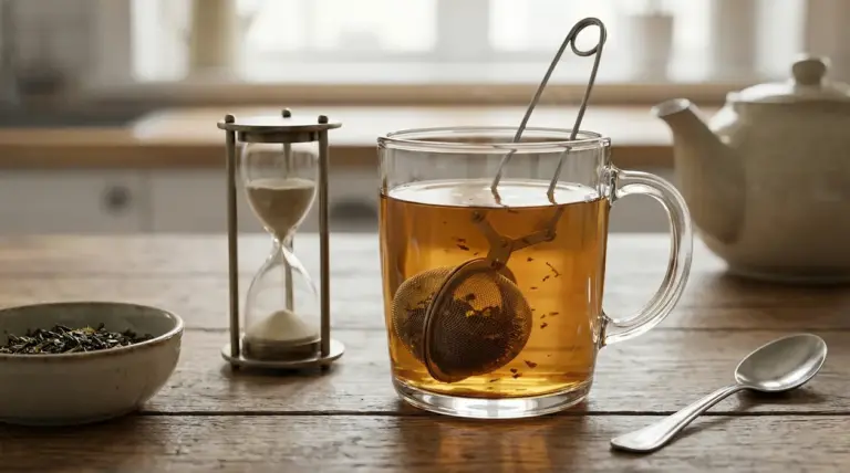 Tazza di tè in infusione con filtro a sfera e clessidra su tavolo di legno