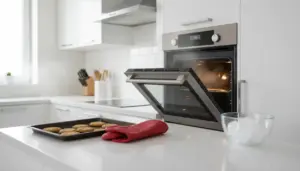Forno da incasso con sportello aperto in cucina, teglia di biscotti e guanto da forno sul piano di lavoro