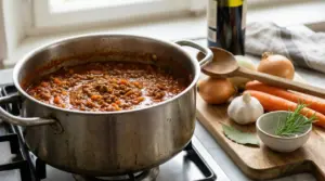 Pentola di ragù alla bolognese sul fornello con ingredienti freschi su un tagliere