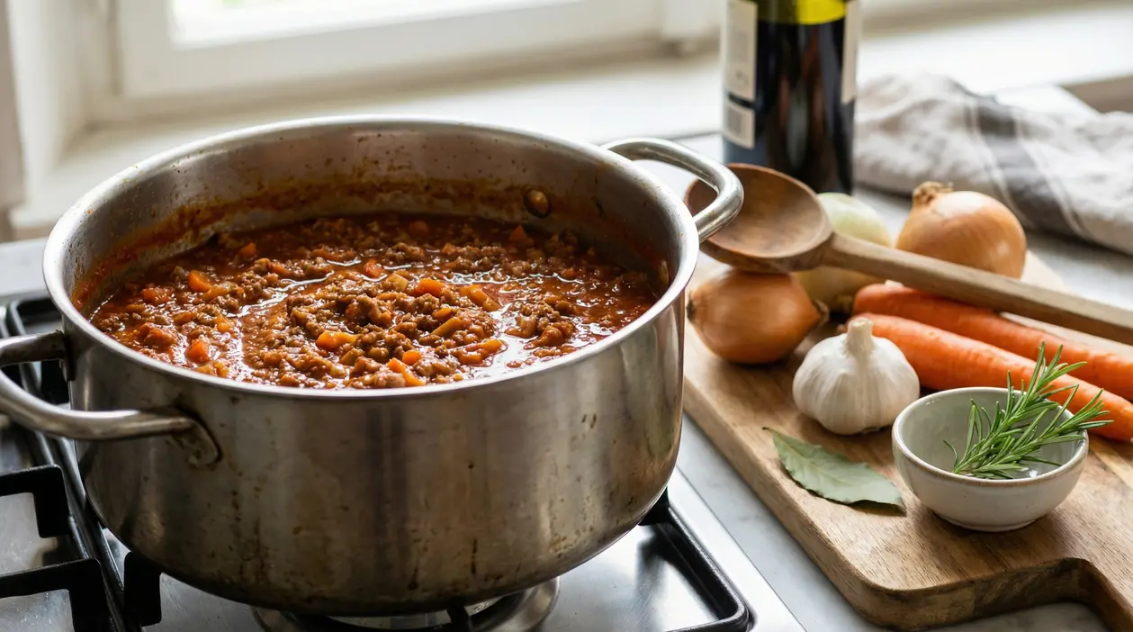 Pentola di ragù alla bolognese sul fornello con ingredienti freschi su un tagliere