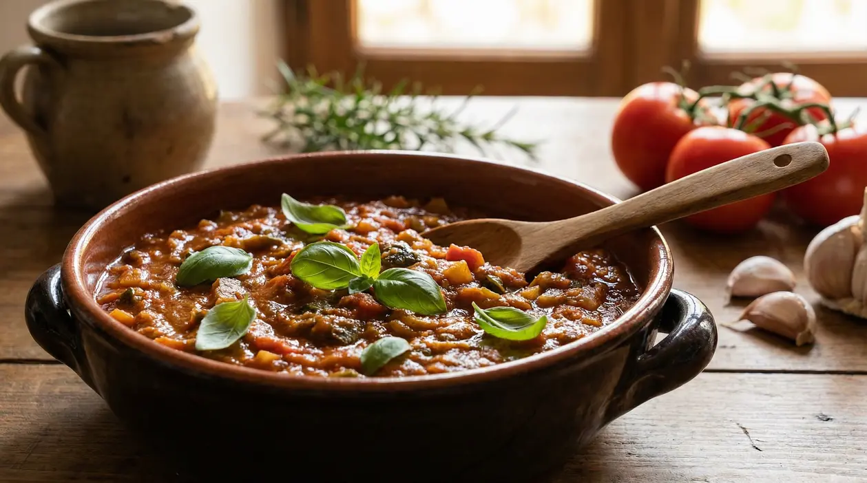 Ragù senza carne in coccio con basilico e cucchiaio di legno, con pomodori e aglio sullo sfondo