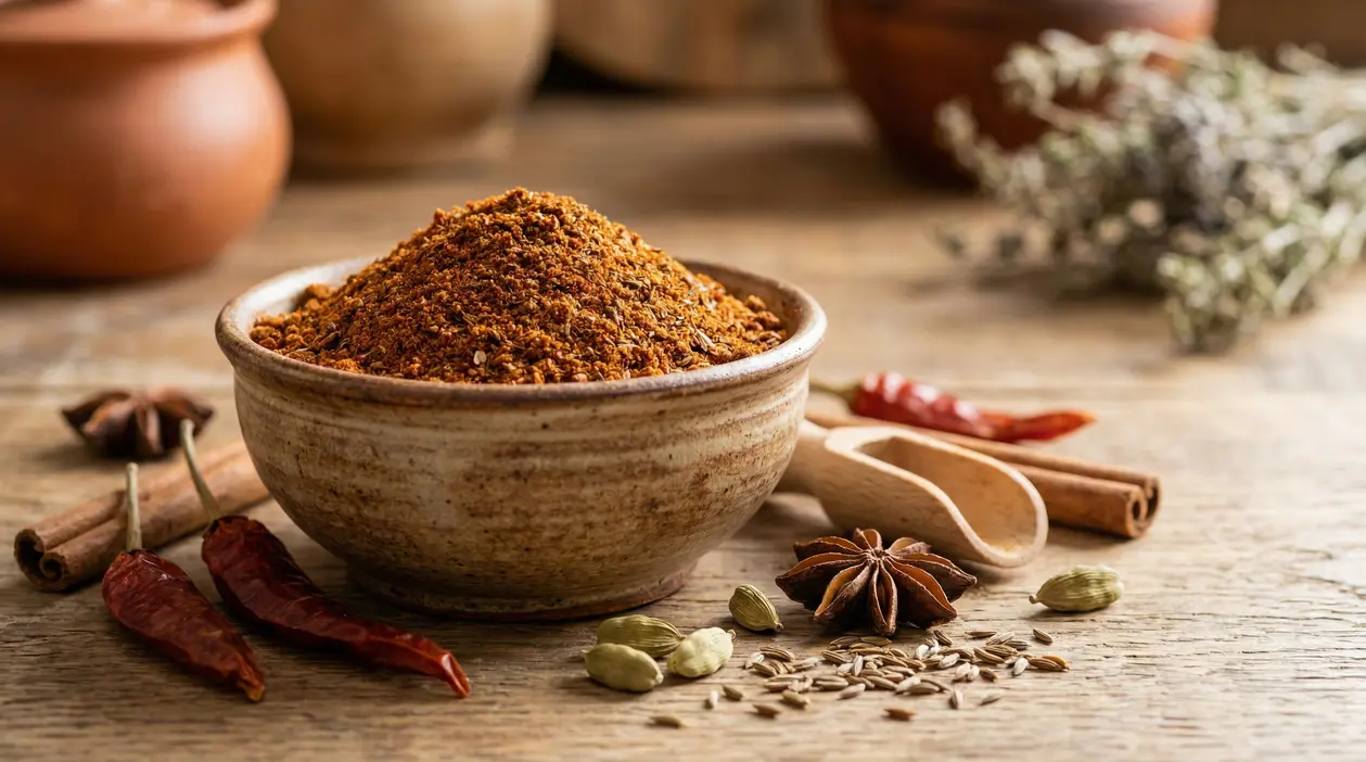 Ciotola di ras el hanout con spezie intere come cannella, anice stellato, semi di finocchio, cardamomo e peperoncini