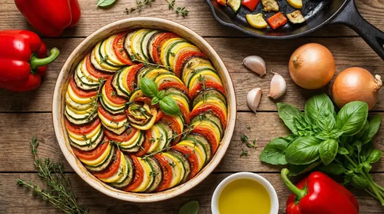 Ratatouille al forno con zucchine, melanzane e pomodori disposti a spirale in una pirofila