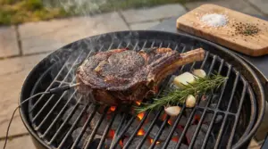 Bistecca alla griglia con termometro per carne, rosmarino, aglio e burro su carboni ardenti