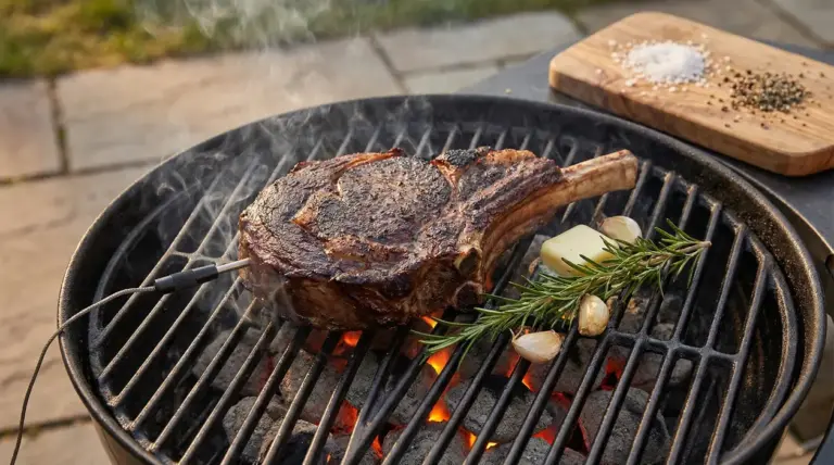 Bistecca alla griglia con termometro per carne, rosmarino, aglio e burro su carboni ardenti
