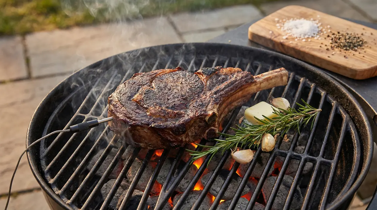 Bistecca alla griglia con termometro per carne, rosmarino, aglio e burro su carboni ardenti