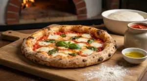 Pizza margherita napoletana su tagliere di legno con ingredienti freschi accanto
