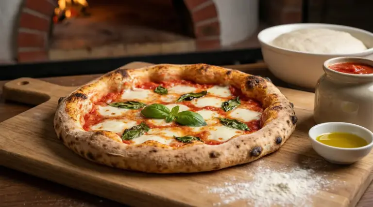 Pizza margherita napoletana su tagliere di legno con ingredienti freschi accanto