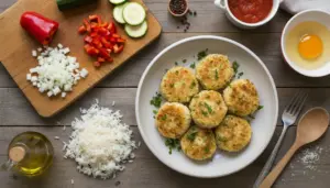 Polpette di riso dorate in ciotola con riso cotto avanzato e verdure tritate su tagliere, viste dall’alto