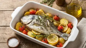 Orata intera al forno con patate, pomodorini e fette di limone in una pirofila bianca