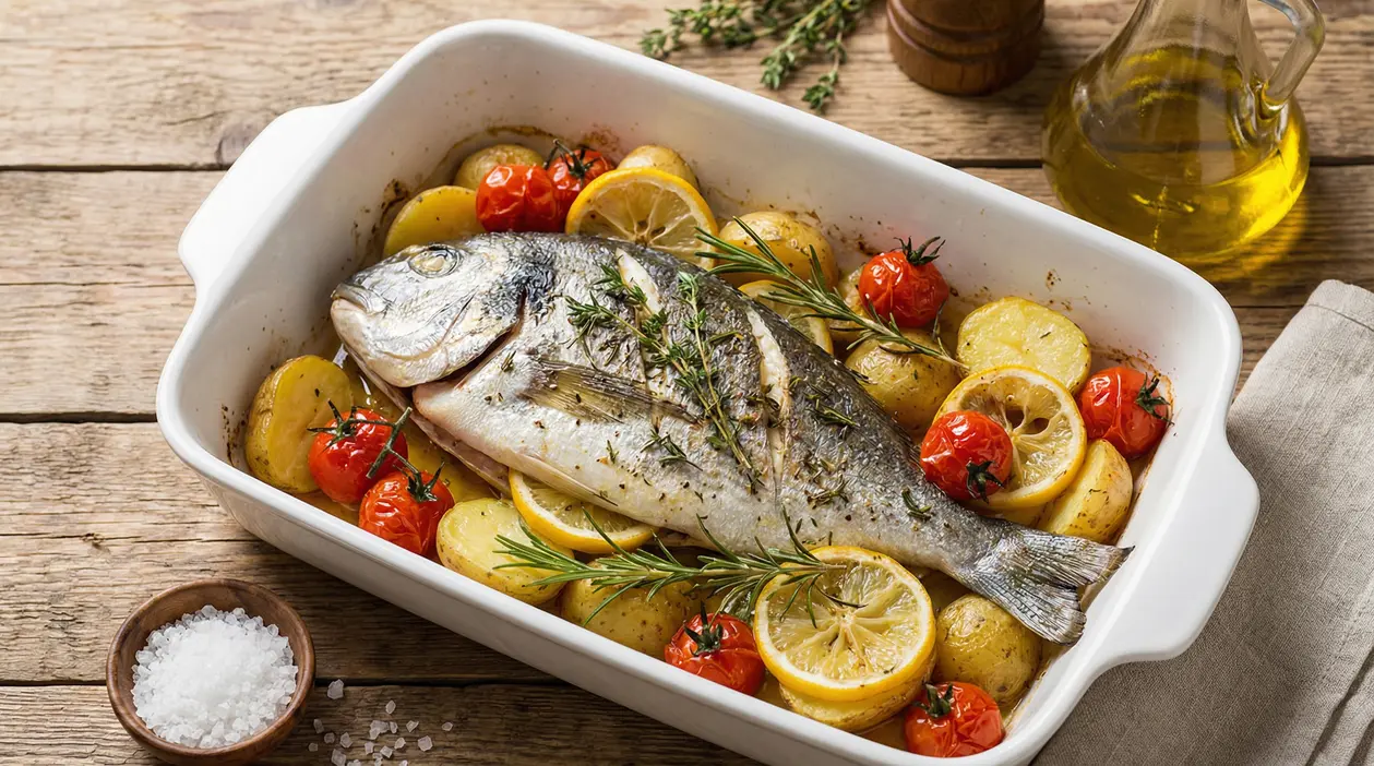 Orata intera al forno con patate, pomodorini e fette di limone in una pirofila bianca