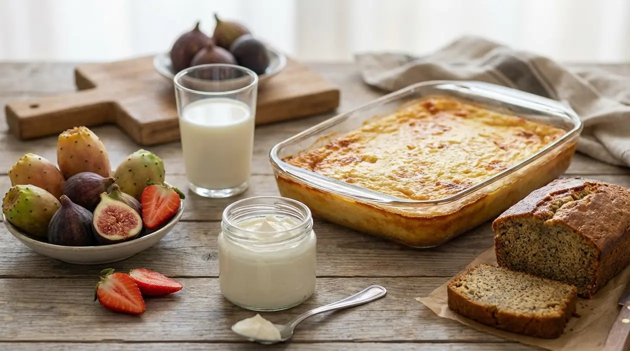 Dolce da forno leggero con yogurt, latte e frutta fresca su tavolo di legno