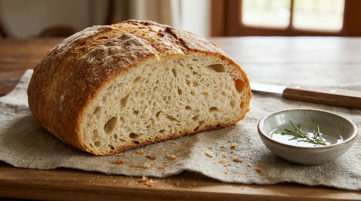 Pagnotta di pane all’acqua tagliata a metà su una tovaglietta di lino con ciotola di olio e rosmarino