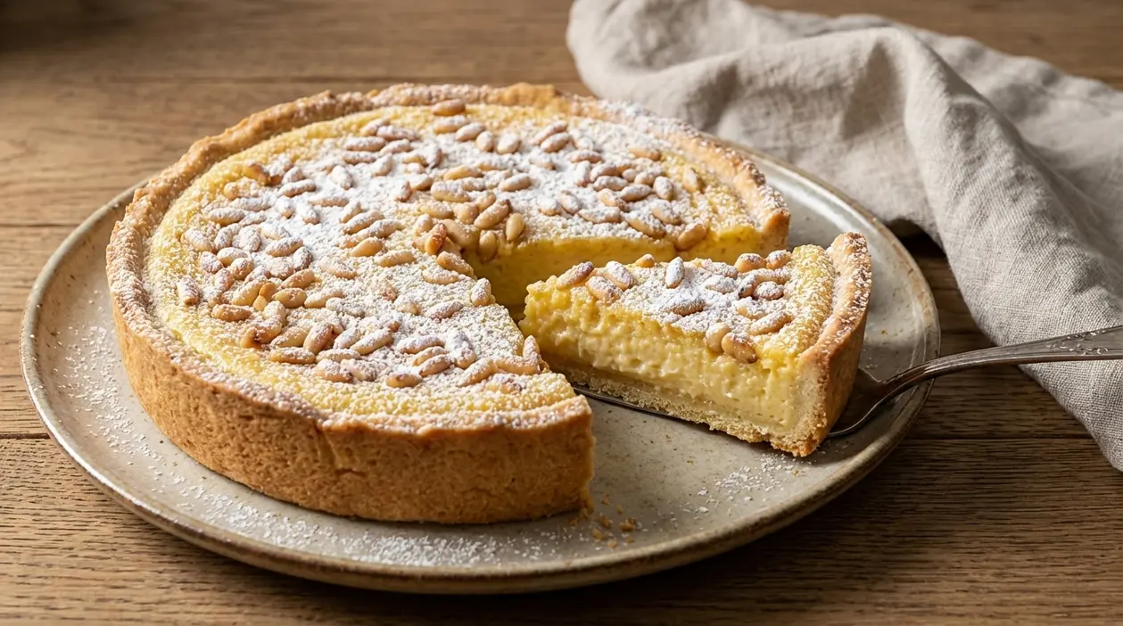 Crostata con crema e pinoli, spolverata di zucchero a velo, con una fetta tagliata su piatto