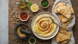 Piatto di hummus con ceci, olio d'oliva, limone e pane pita su un tavolo rustico.