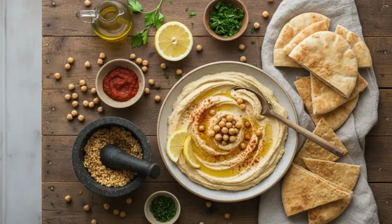 Piatto di hummus con ceci, olio d'oliva, limone e pane pita su un tavolo rustico.