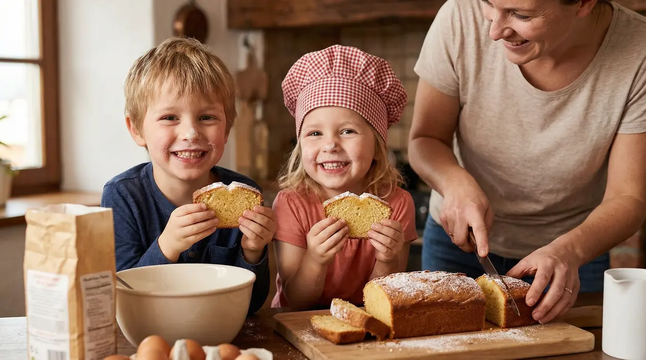 Due bambini sorridenti con fette di plumcake in cucina mentre un adulto taglia un dolce fatto in casa